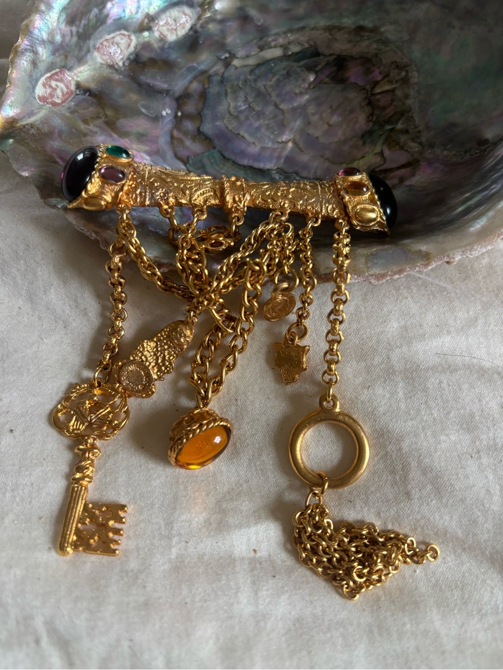 Gold-Tone Charm Tassel Brooch with Multicolor Cabochons